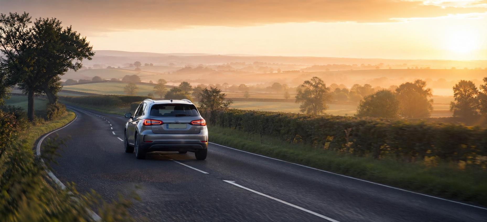 Clean rental car on a winding country road near Somerton at sunrise with light mist over fields
