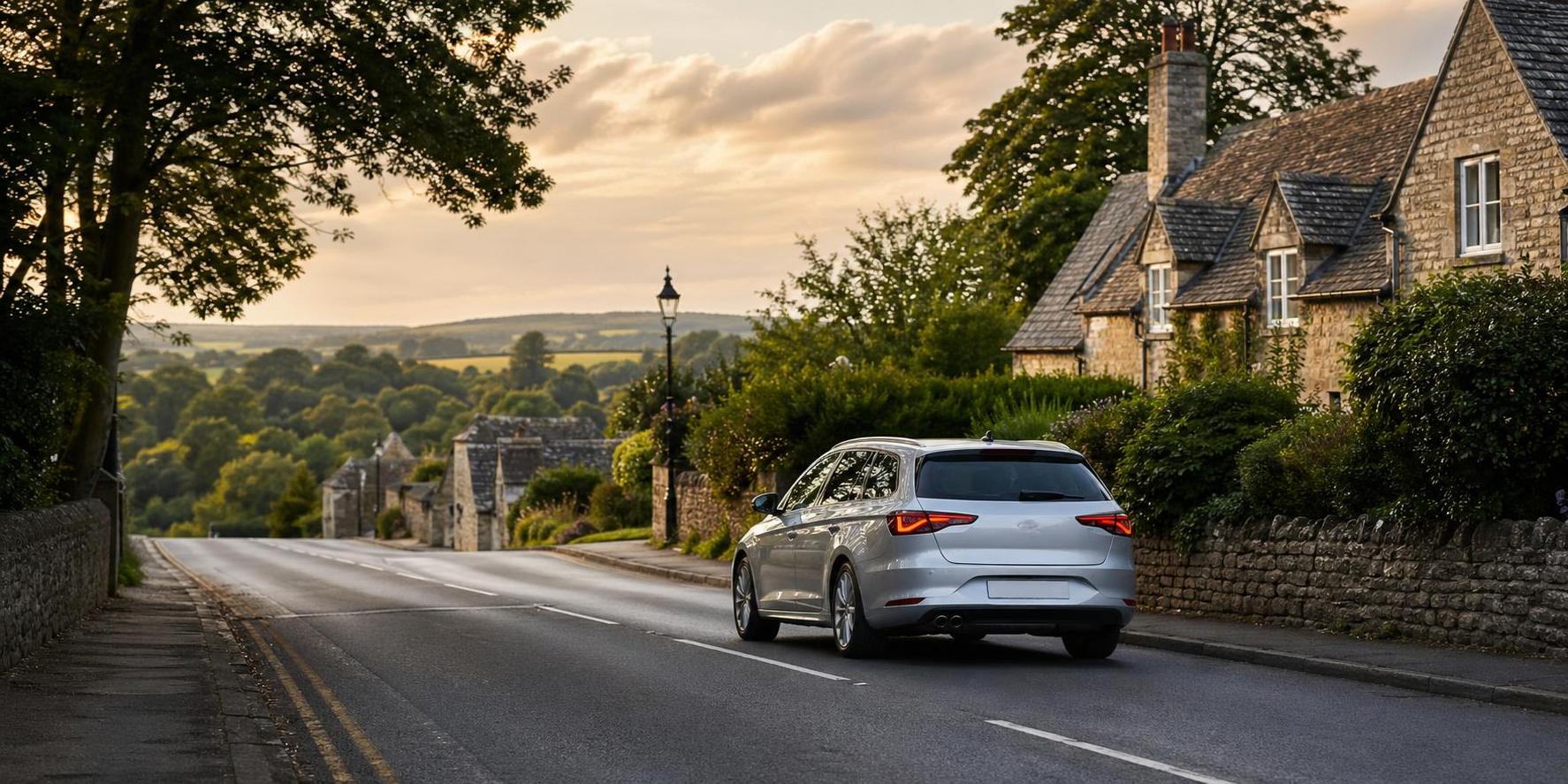 Silver family car driving near the edge of Street with village stone walls and countryside beyond