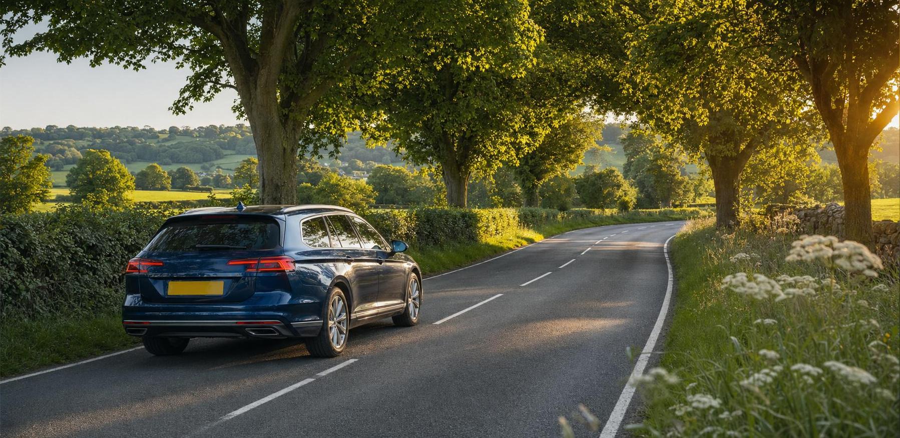 Modern estate car travelling on a tree-lined rural road in the Yeovil area at golden hour