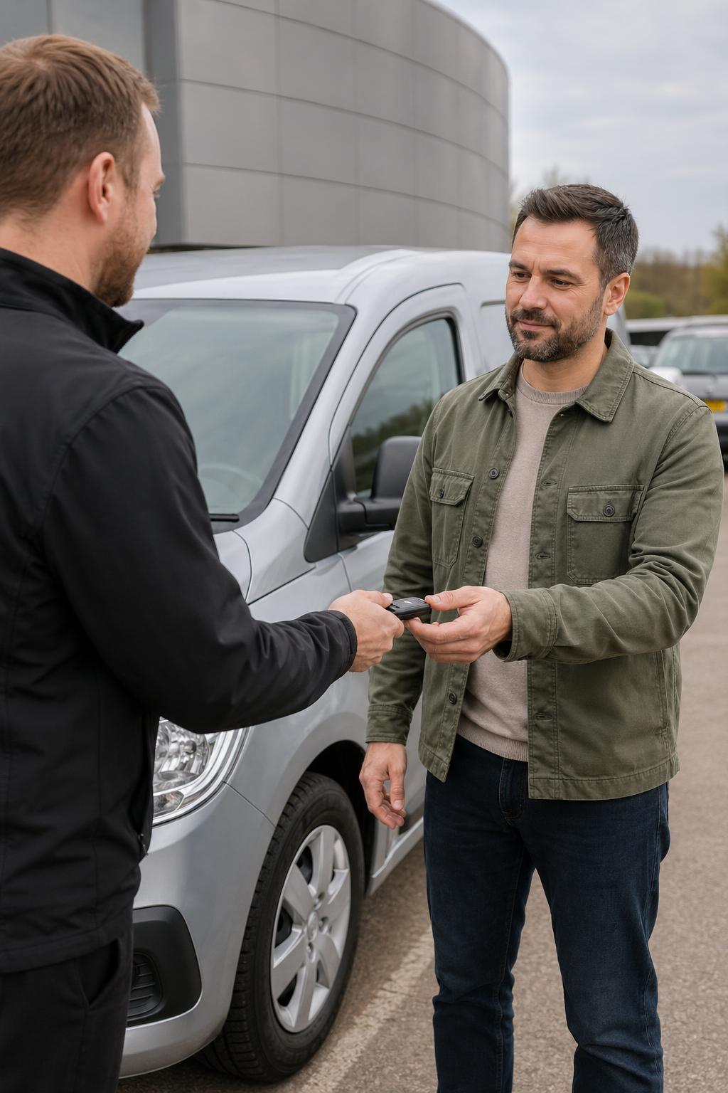 Hire staff member handing keys to a customer beside a van