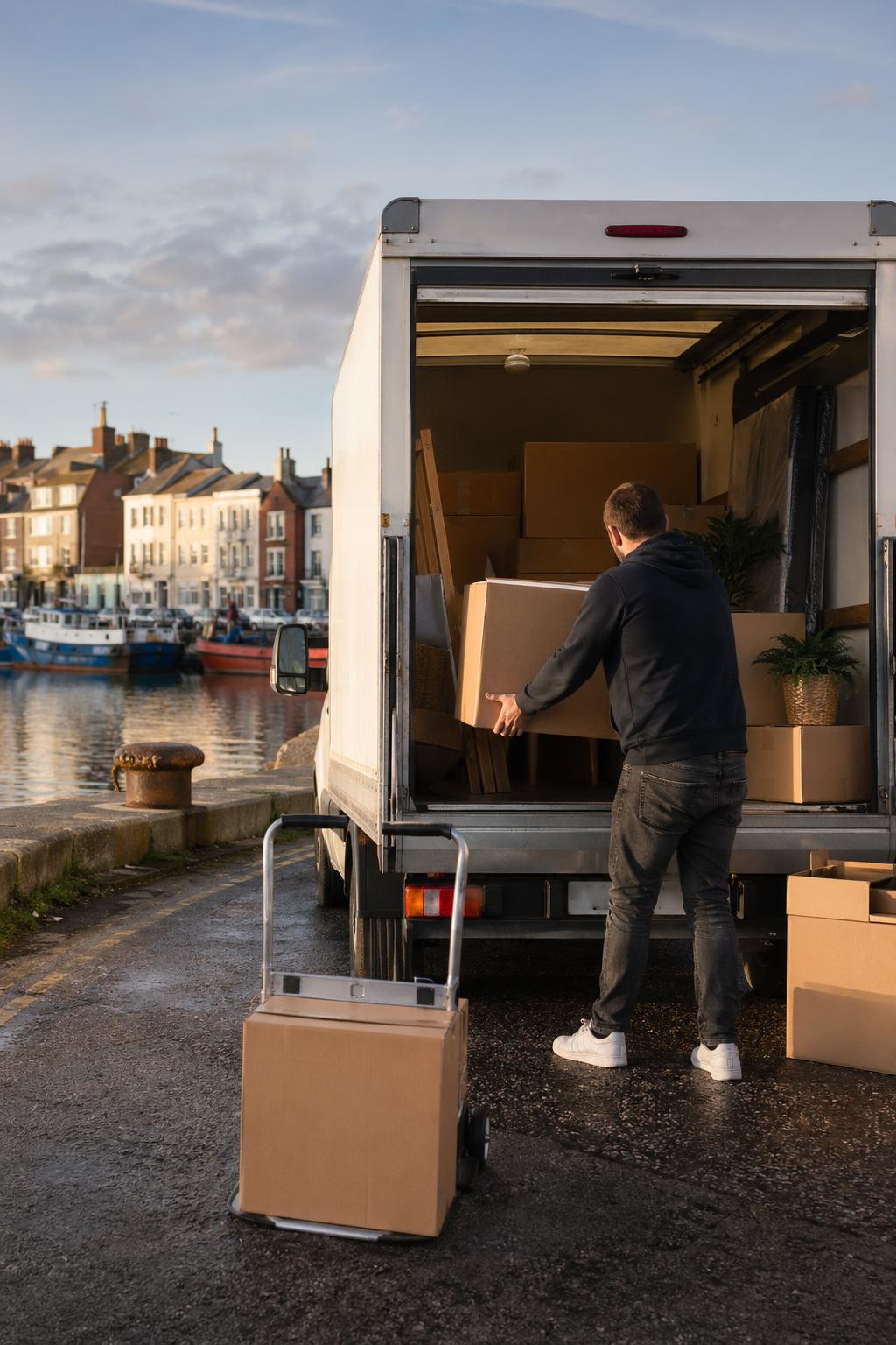 Compact hire van being loaded with boxes near Weymouth harbour