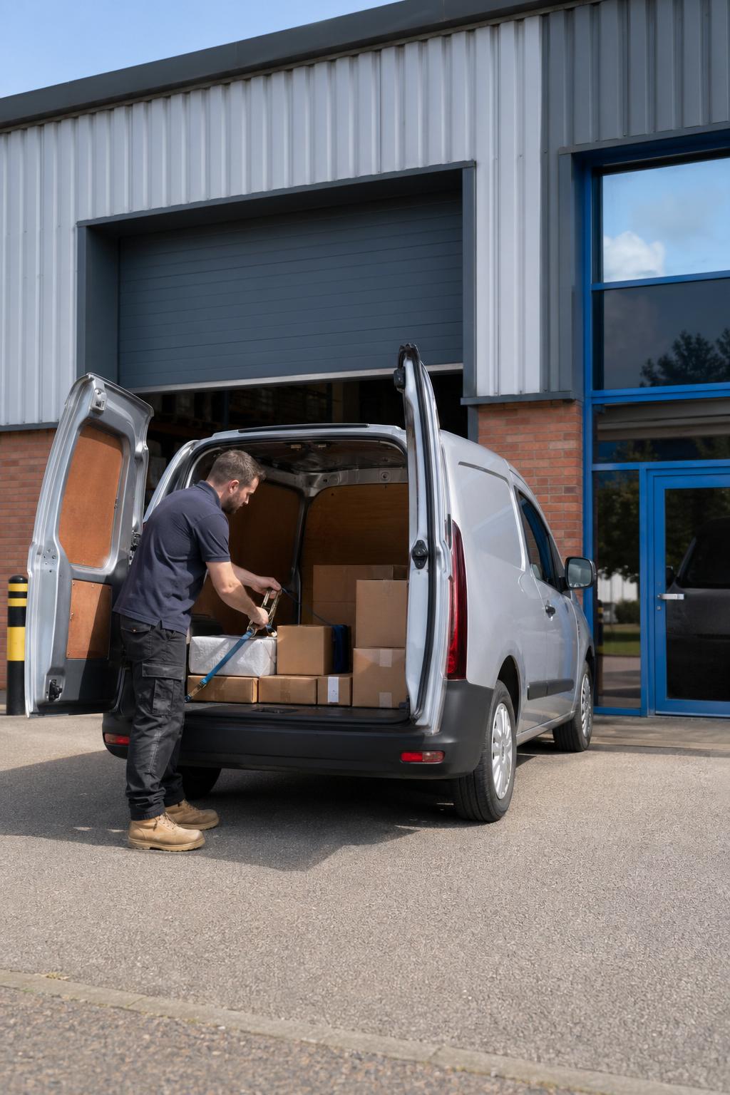 Small hire van loading parcels at a Taunton business unit