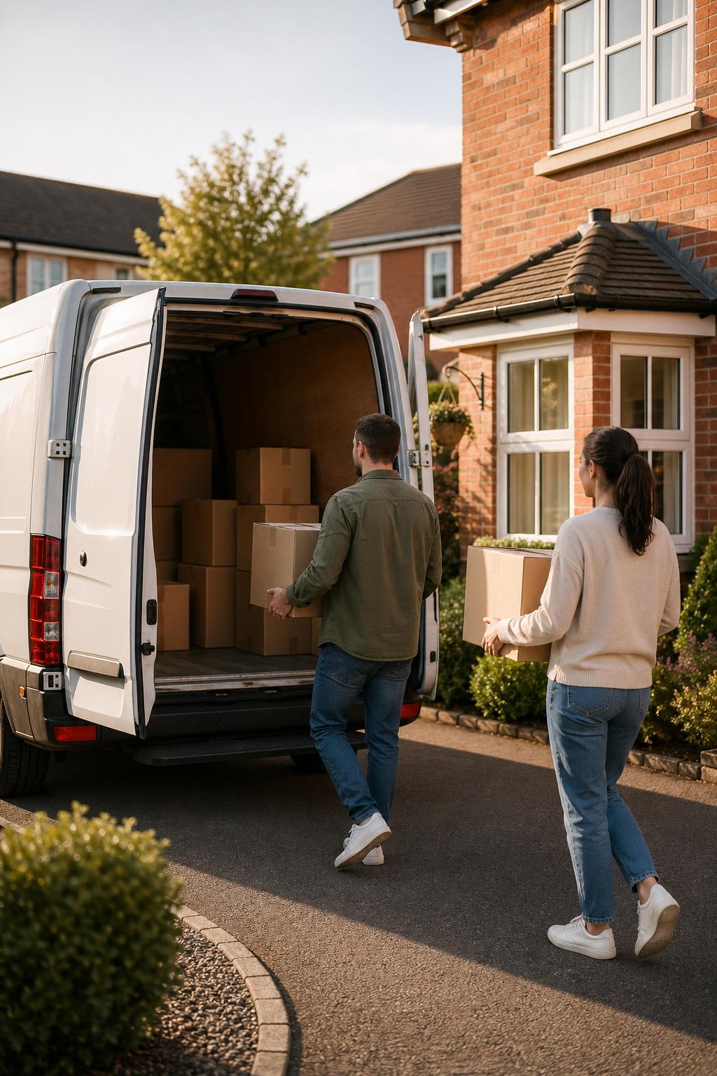 Panel van being loaded with moving boxes outside a house in Dorchester
