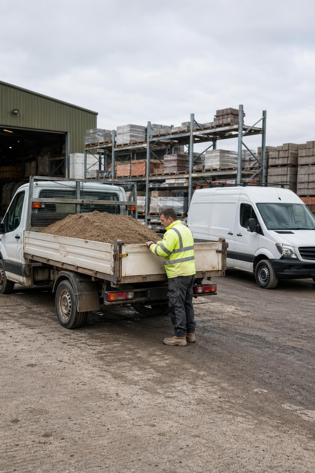 Hire vehicle and van beside a Bridgwater building materials yard