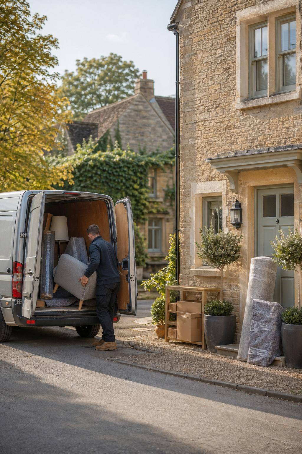 Small hire van unloading household items outside a Sherborne home