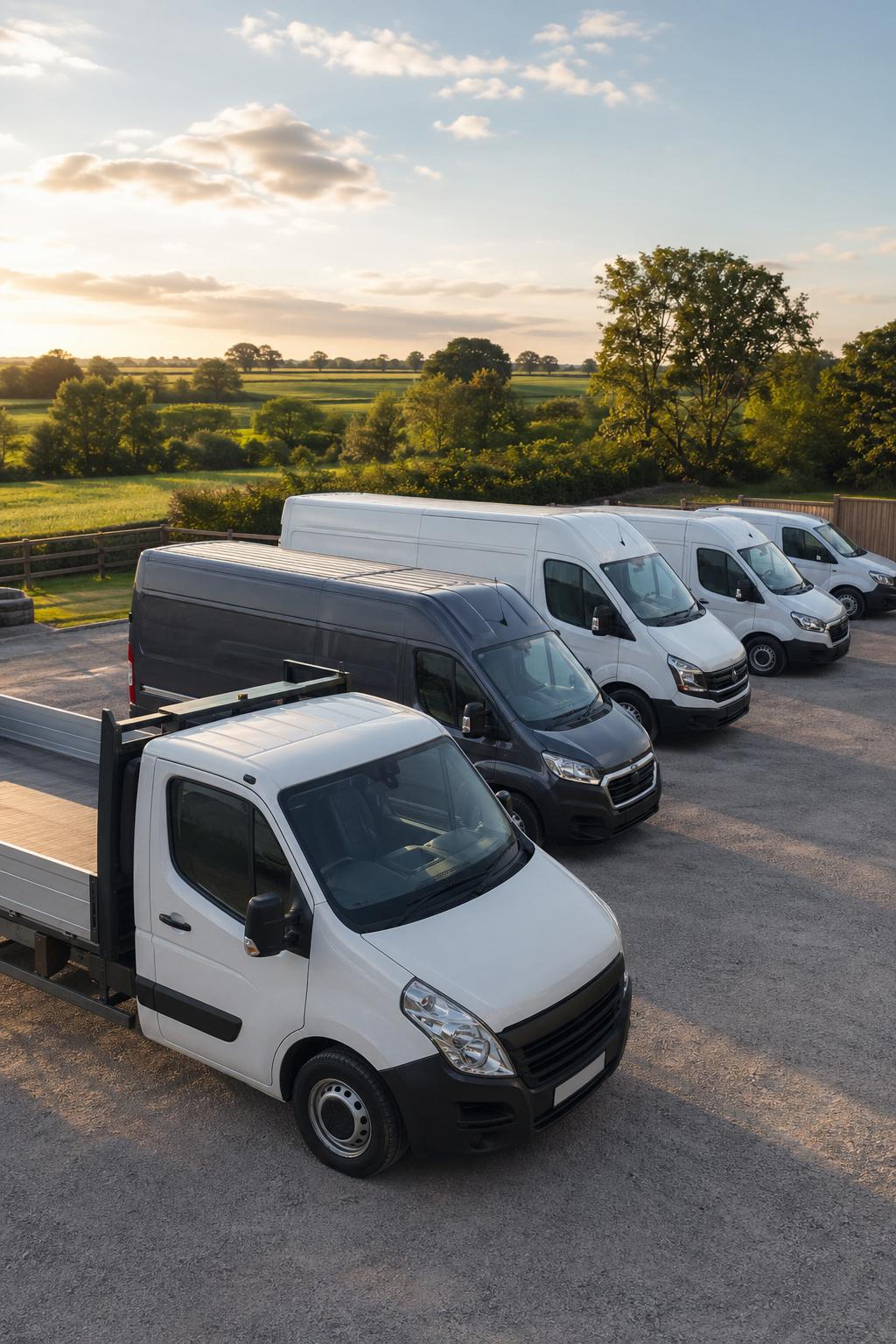 Small fleet of hire vans arranged in a tidy yard near Crewkerne
