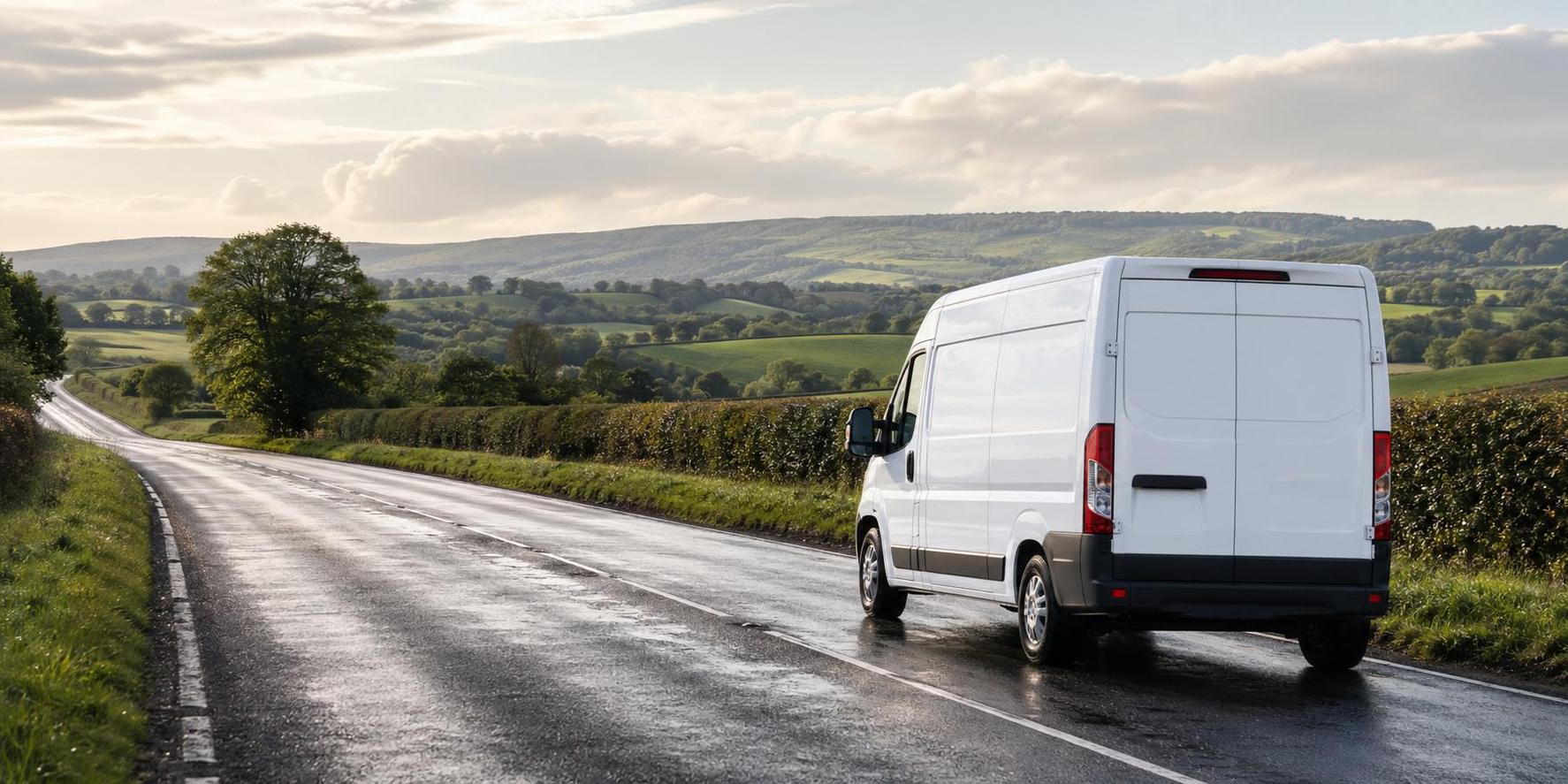 White van on a country road near Chard after rain with hedgerows and rolling fields