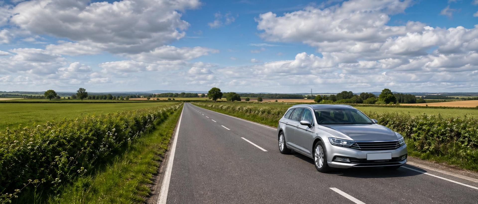 Silver estate car on a straight rural road near Langport under a wide Somerset sky