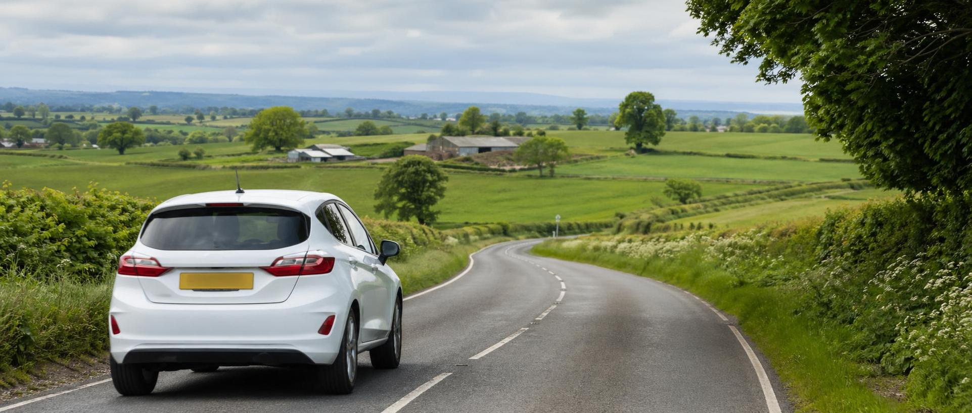 White hatchback on an open rural road near Ilminster surrounded by green fields
